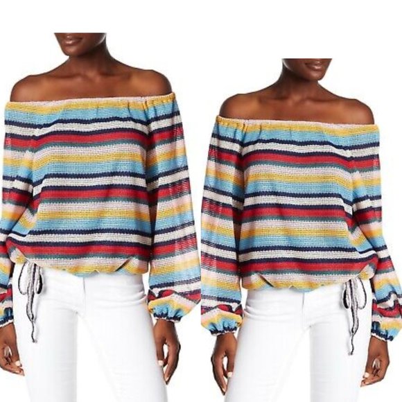 Parker Felicia Off Shoulder Top Sz L Multicolor Stripes Knit Balloon Sleeves - Picture 1 of 9